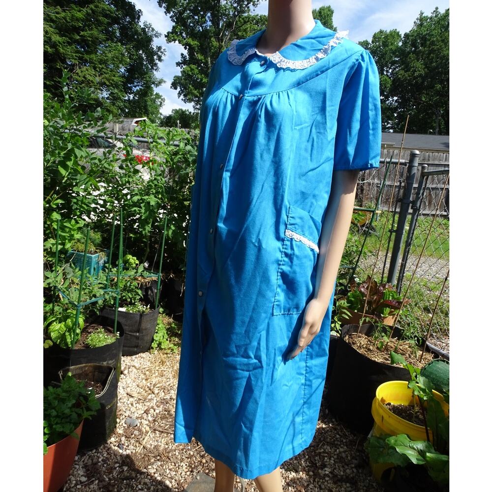 Vintage 70s Blue Snap House Dress Lace Muumuu M USA